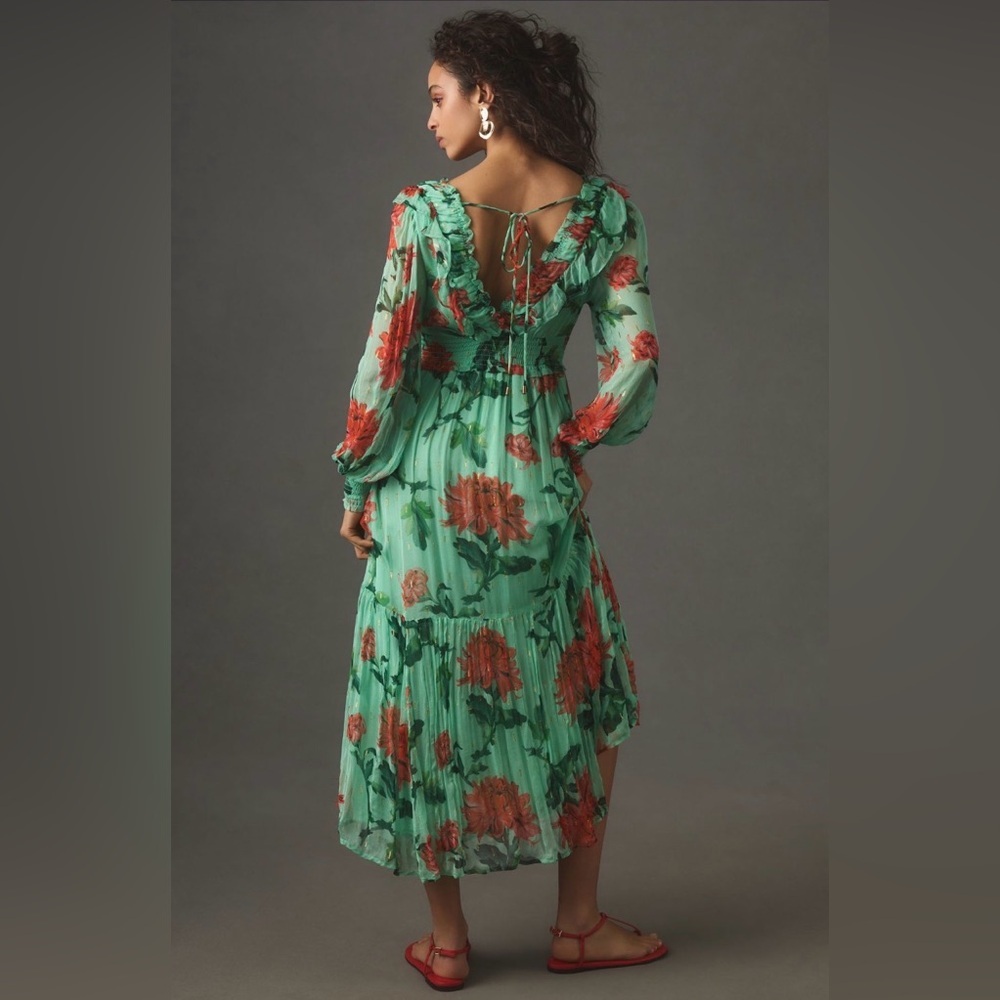 Anthropologie Odetta Ruffled V-Neck Maxi Dress S Green Floral Boho - Picture 2 of 8